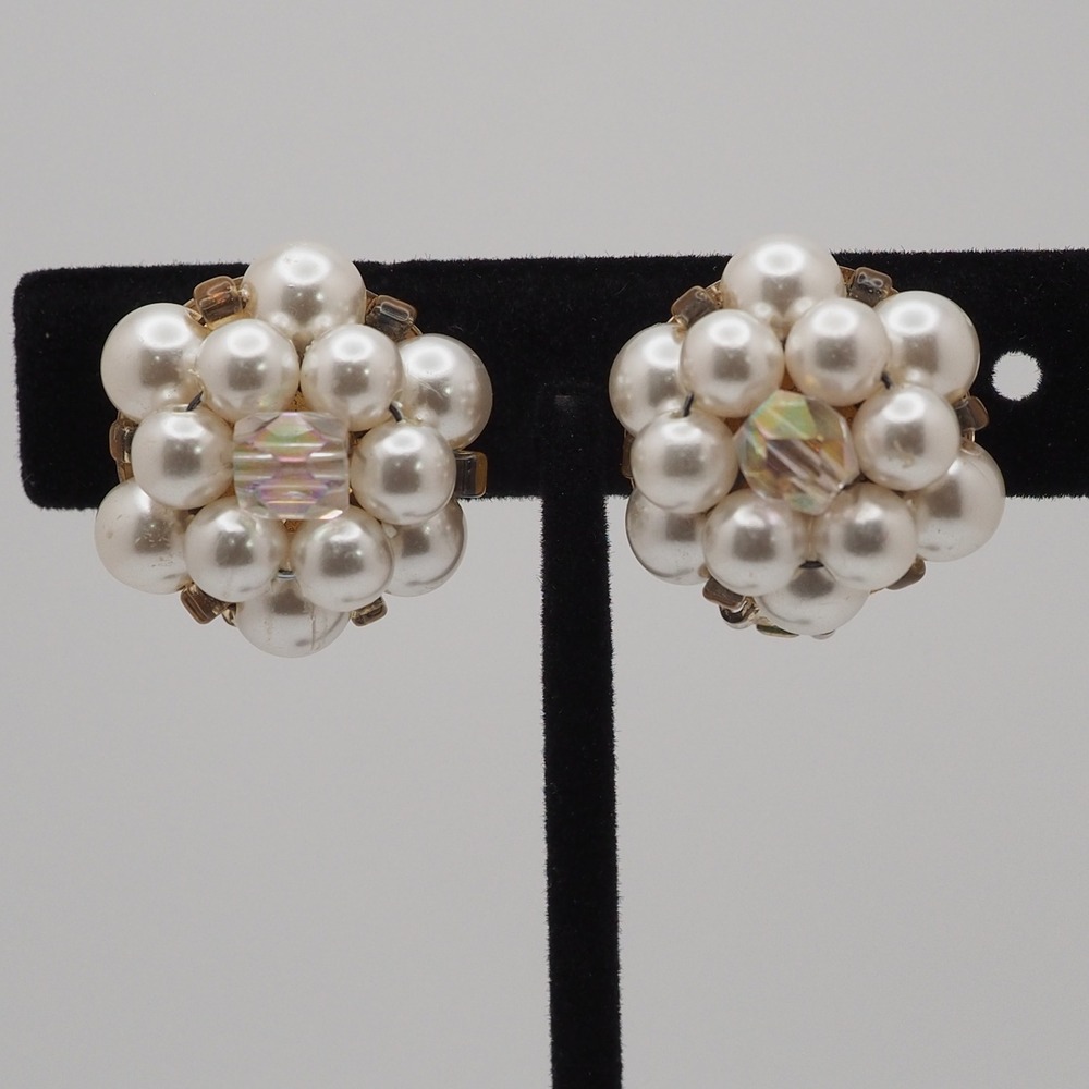 Vtg Clip Earrings White Faux Pearl Aurora Borealis Beaded Cluster Floral Bridal